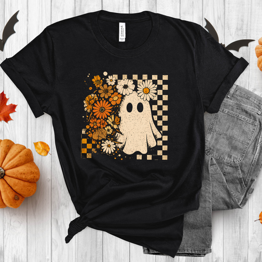 Retro Floral Ghost Tee – Fall Aesthetic Spooky Season Tee